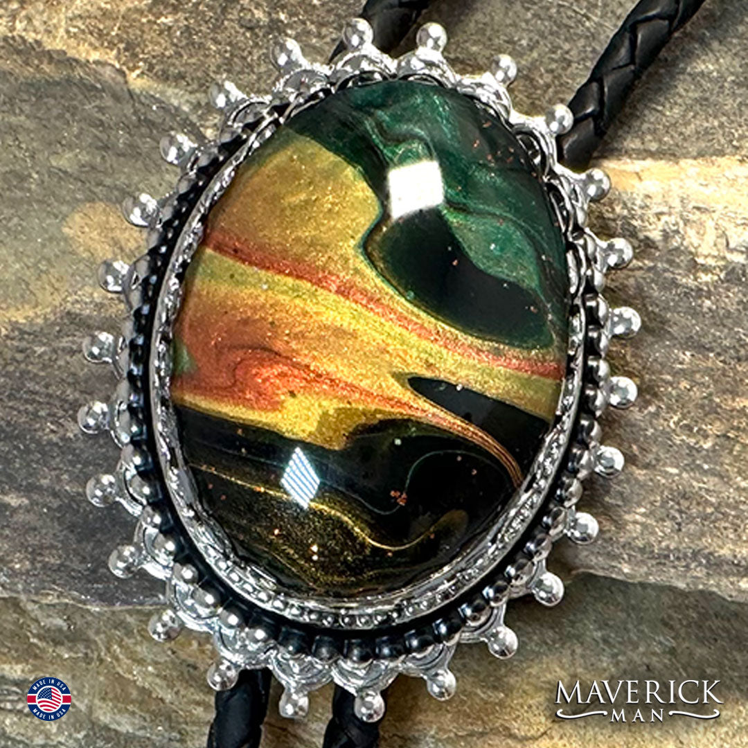 Striking bolo tie and buckle set with our hand painted stones