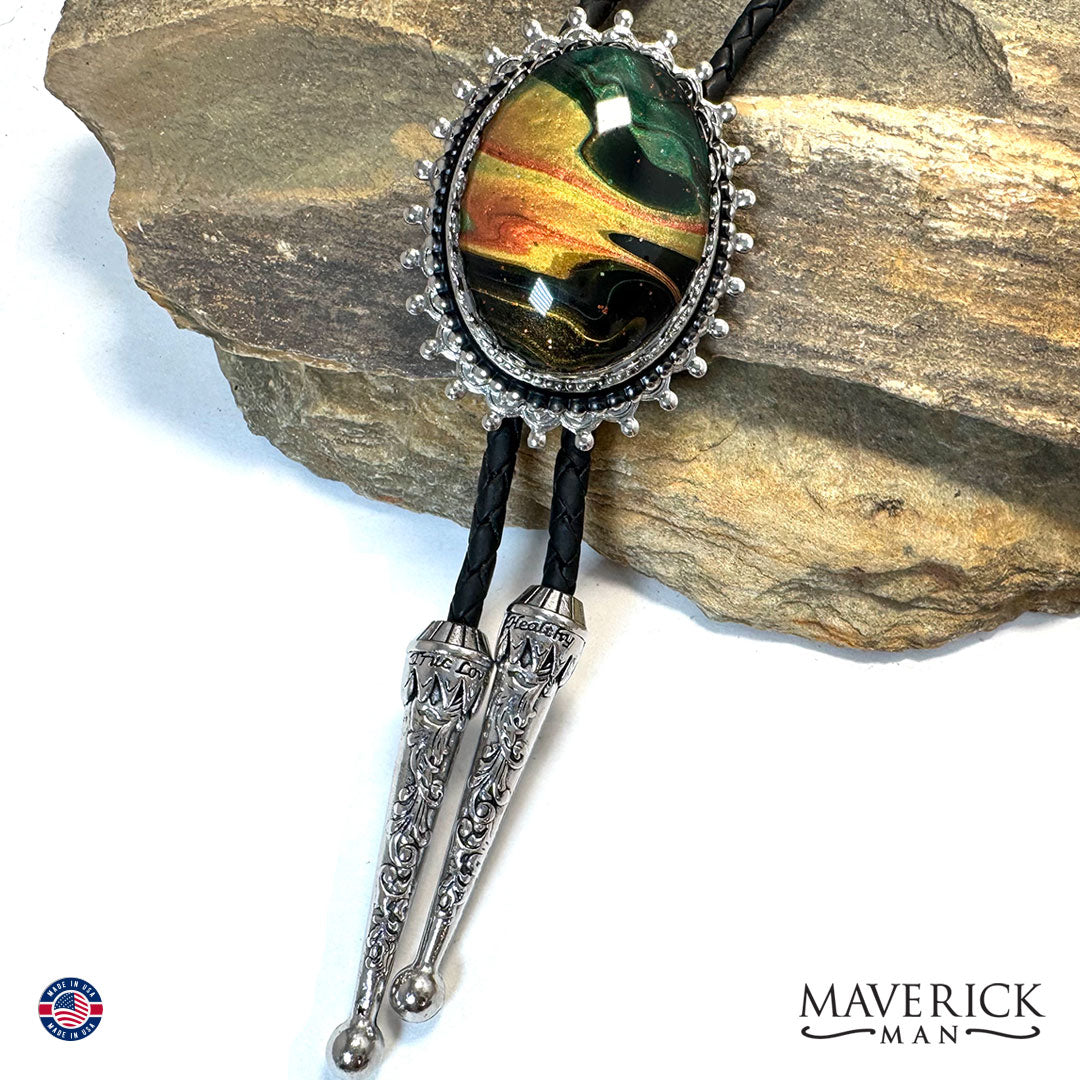 Striking bolo tie and buckle set with our hand painted stones