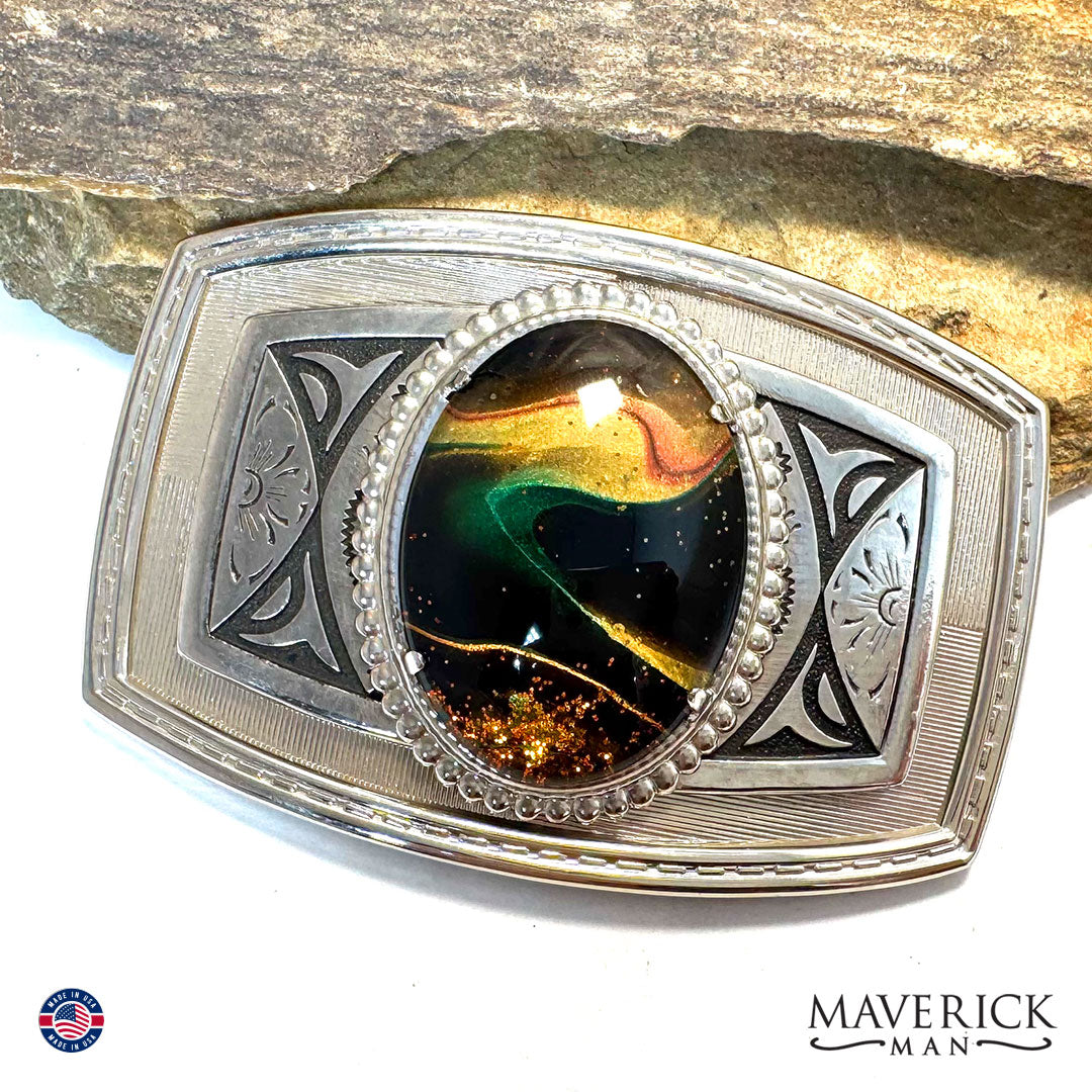 Striking bolo tie and buckle set with our hand painted stones