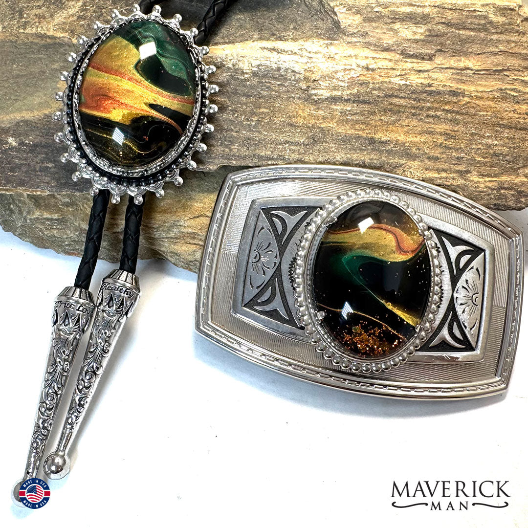 Striking bolo tie and buckle set with our hand painted stones