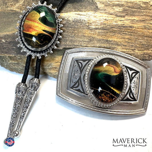 Striking bolo tie and buckle set with our hand painted stones