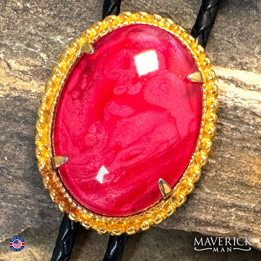 Gold bolo tie with hand painted red on red stone