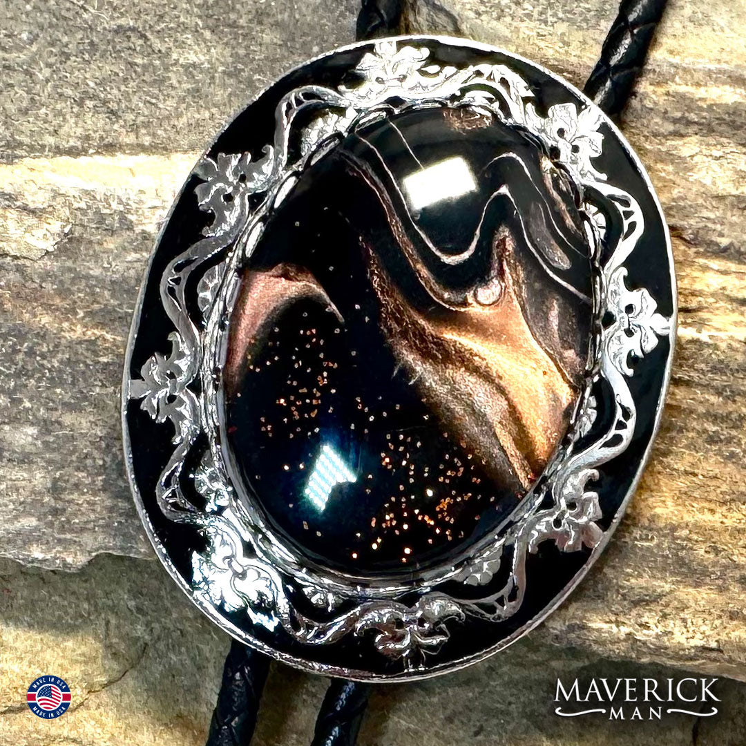 Modern tiger eye hand painted stone in silver filigree bolo tie