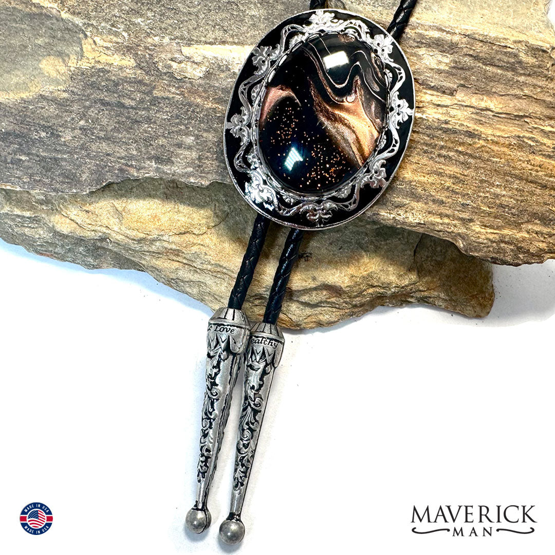 Modern tiger eye hand painted stone in silver filigree bolo tie