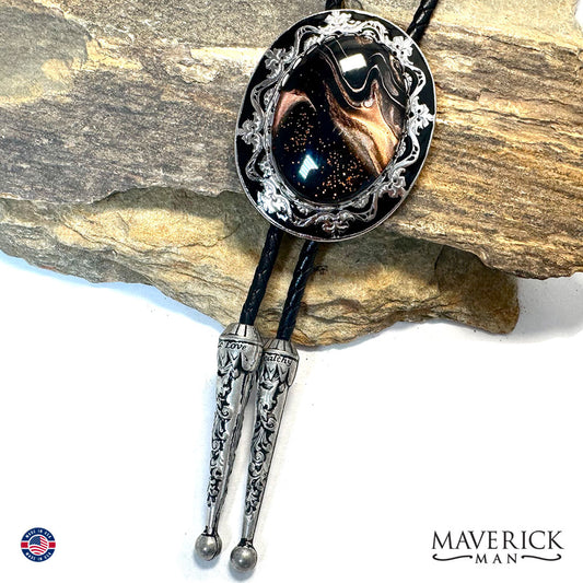 Modern tiger eye hand painted stone in silver filigree bolo tie