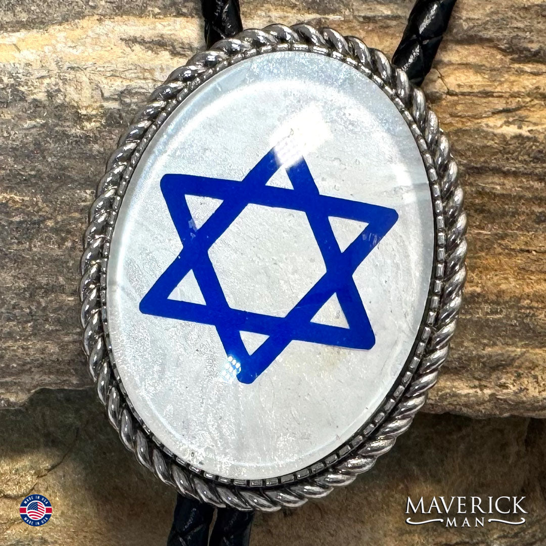Braided silver bolo tie with Star of David over our hand painted stone