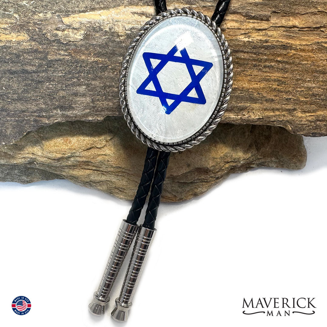 Braided silver bolo tie with Star of David over our hand painted stone