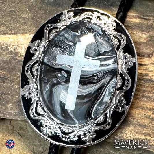 Christian bolo tie with hand painted stone and embedded cross