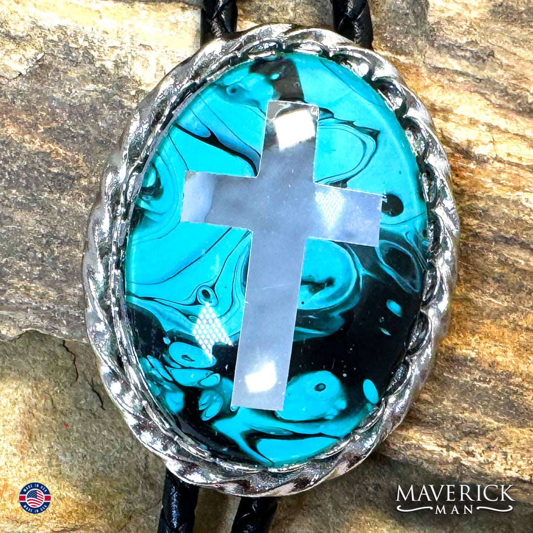 Christian bolo tie with hand painted turquoise stone