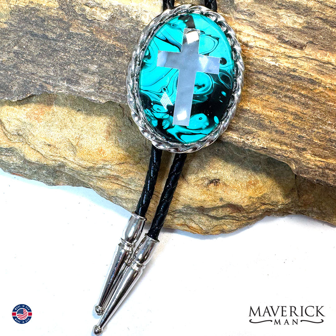 Christian bolo tie with hand painted turquoise stone