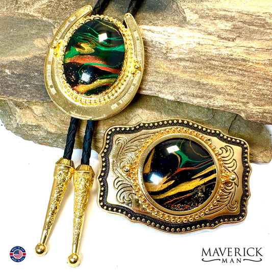 Super sharp bolo tie and buckle set with our hand painted stones
