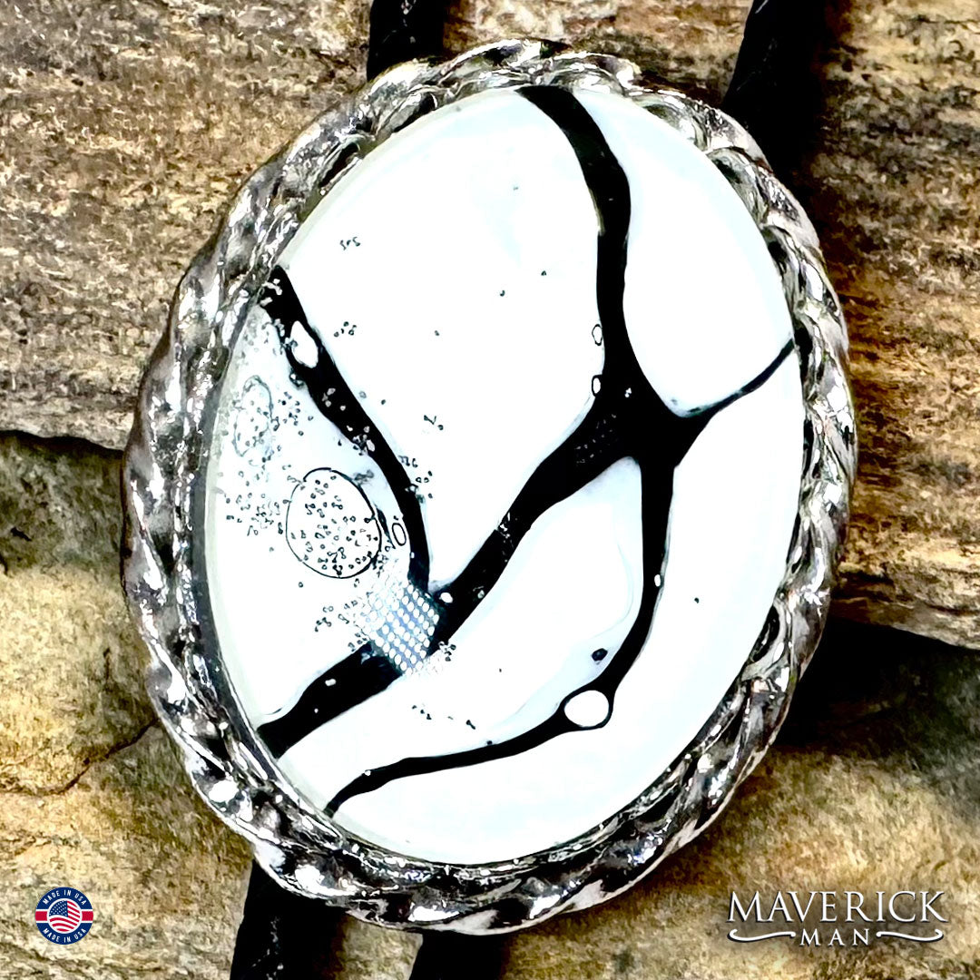 Silver twist bolo tie with hand painted black and white stone