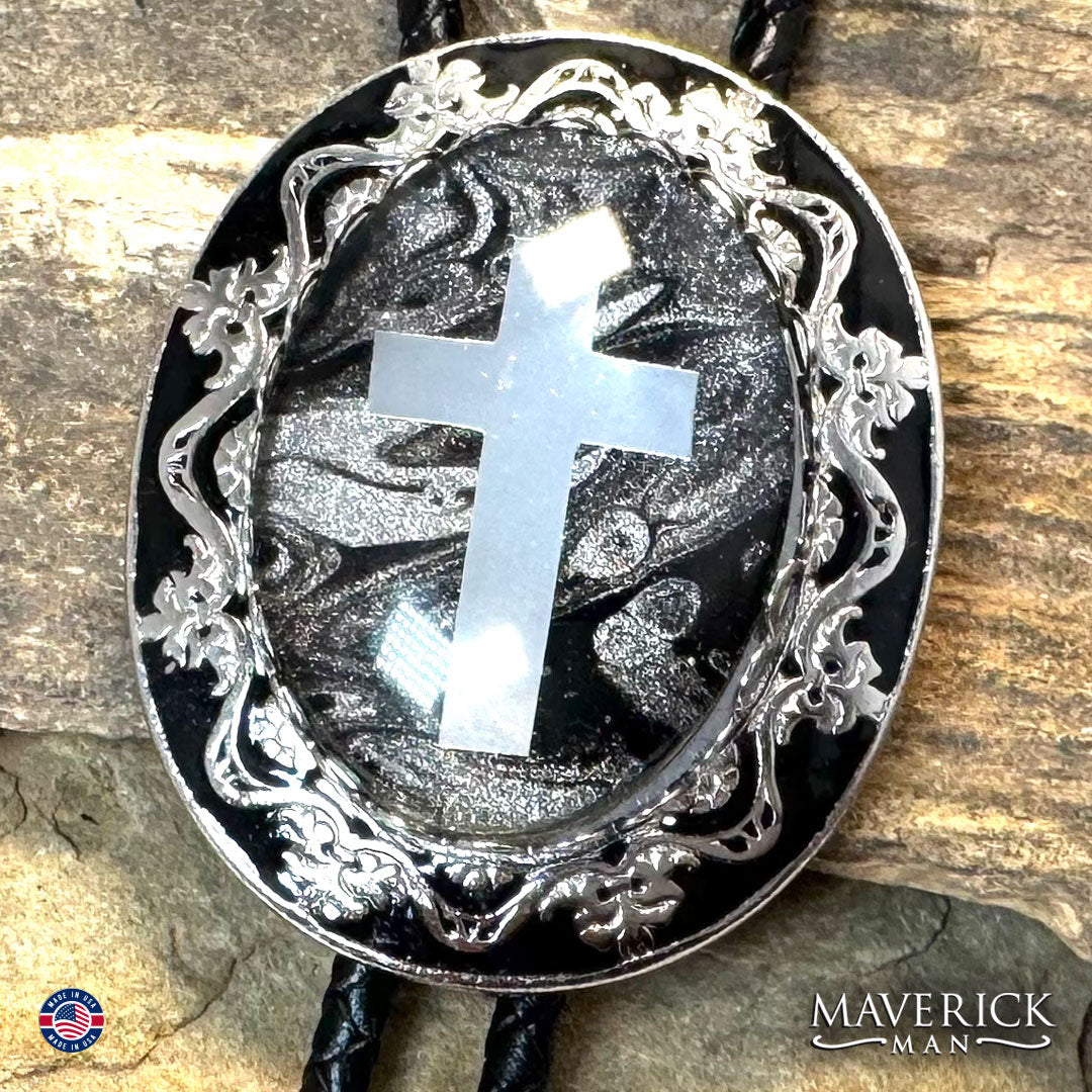 Christian bolo tie with hand painted stone and silver foil cross