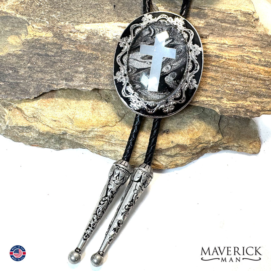 Christian bolo tie with hand painted stone and silver foil cross