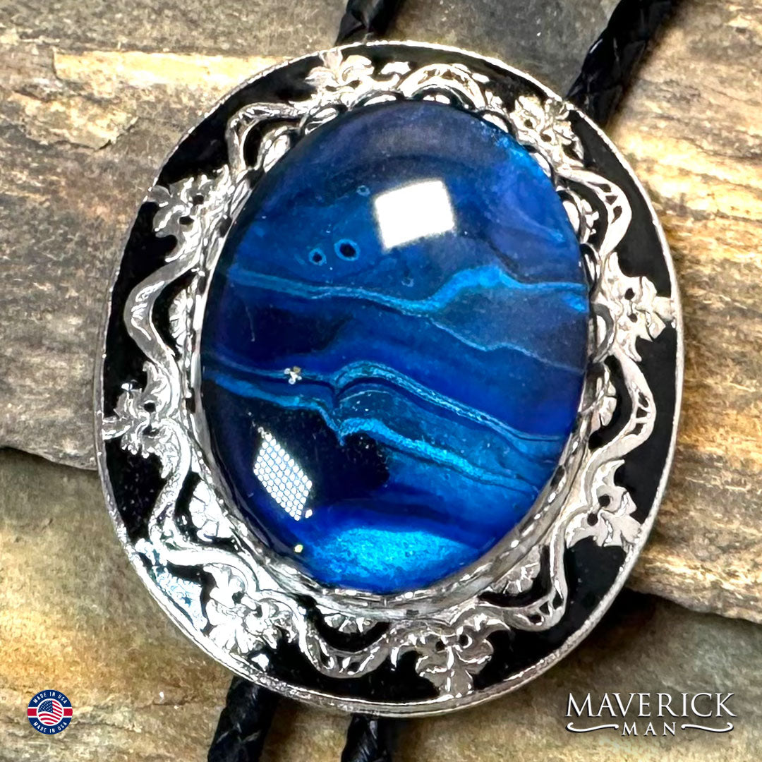 Handsome hand painted blue stone in filigree bolo tie
