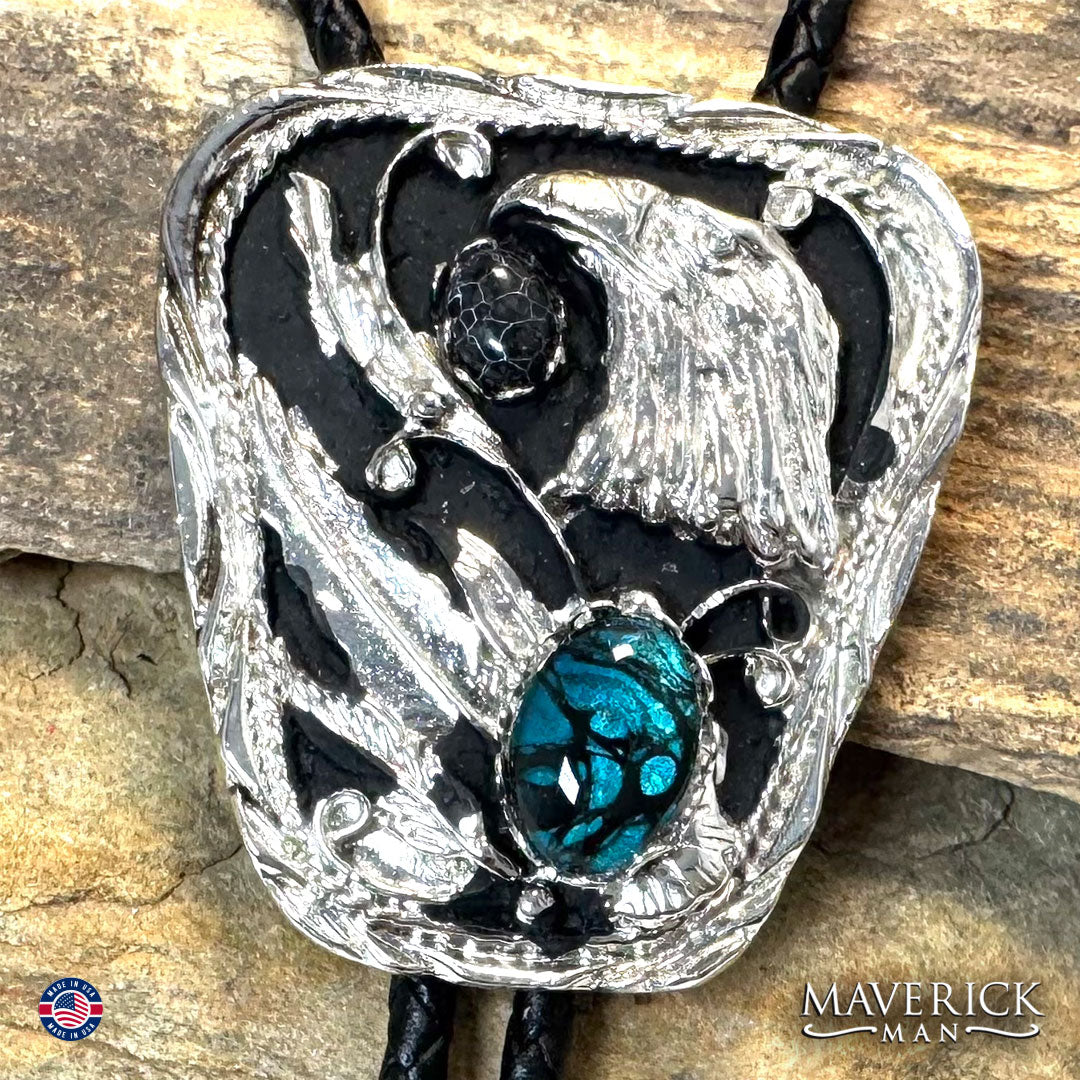 Silver eagle bolo tie with teal hand painted stone