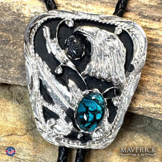 Silver eagle bolo tie with teal hand painted stone