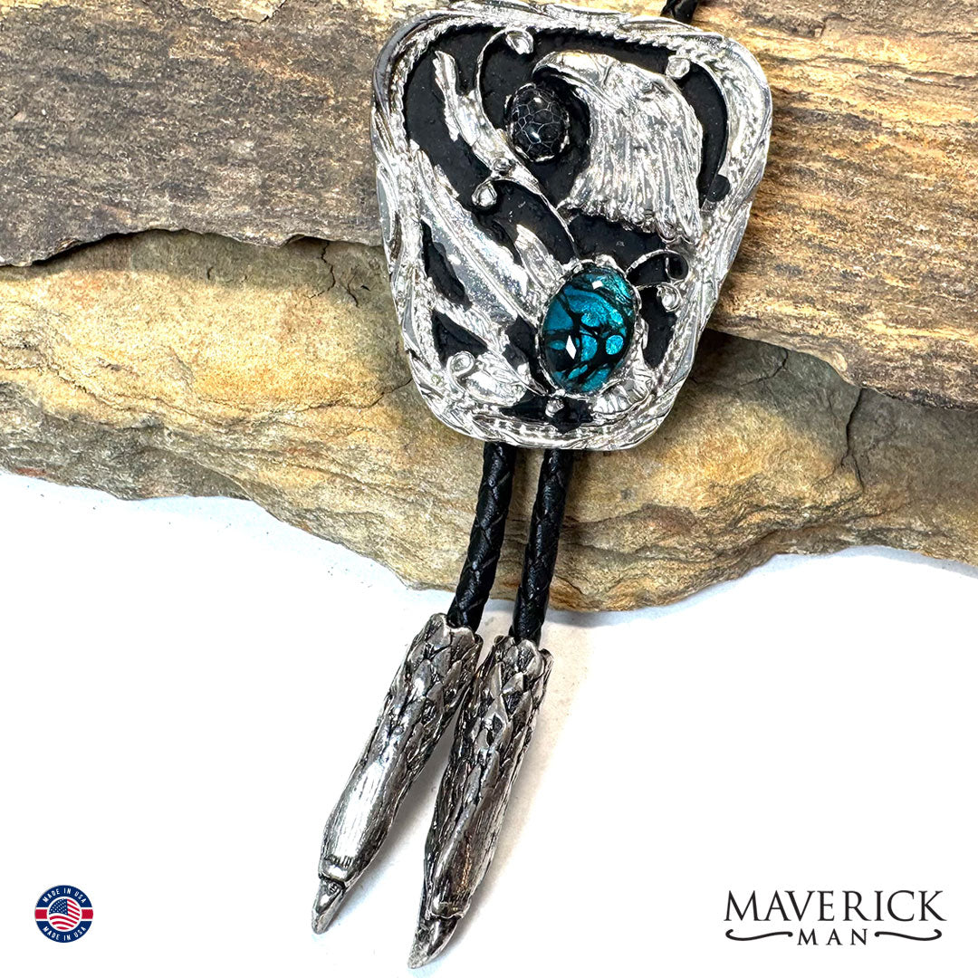 Silver eagle bolo tie with teal hand painted stone