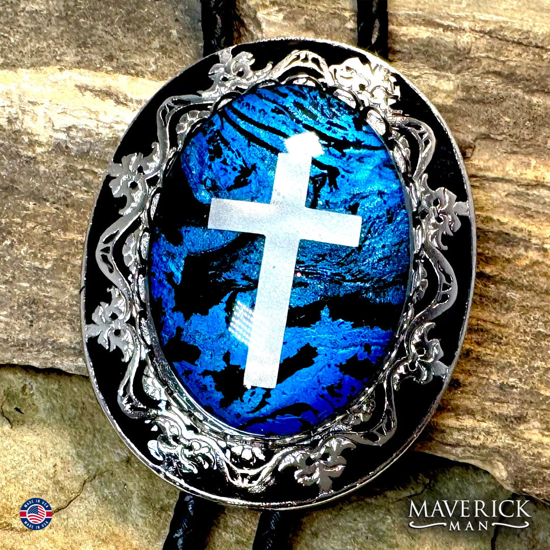 Christian bolo tie with black and blue hand painted stone