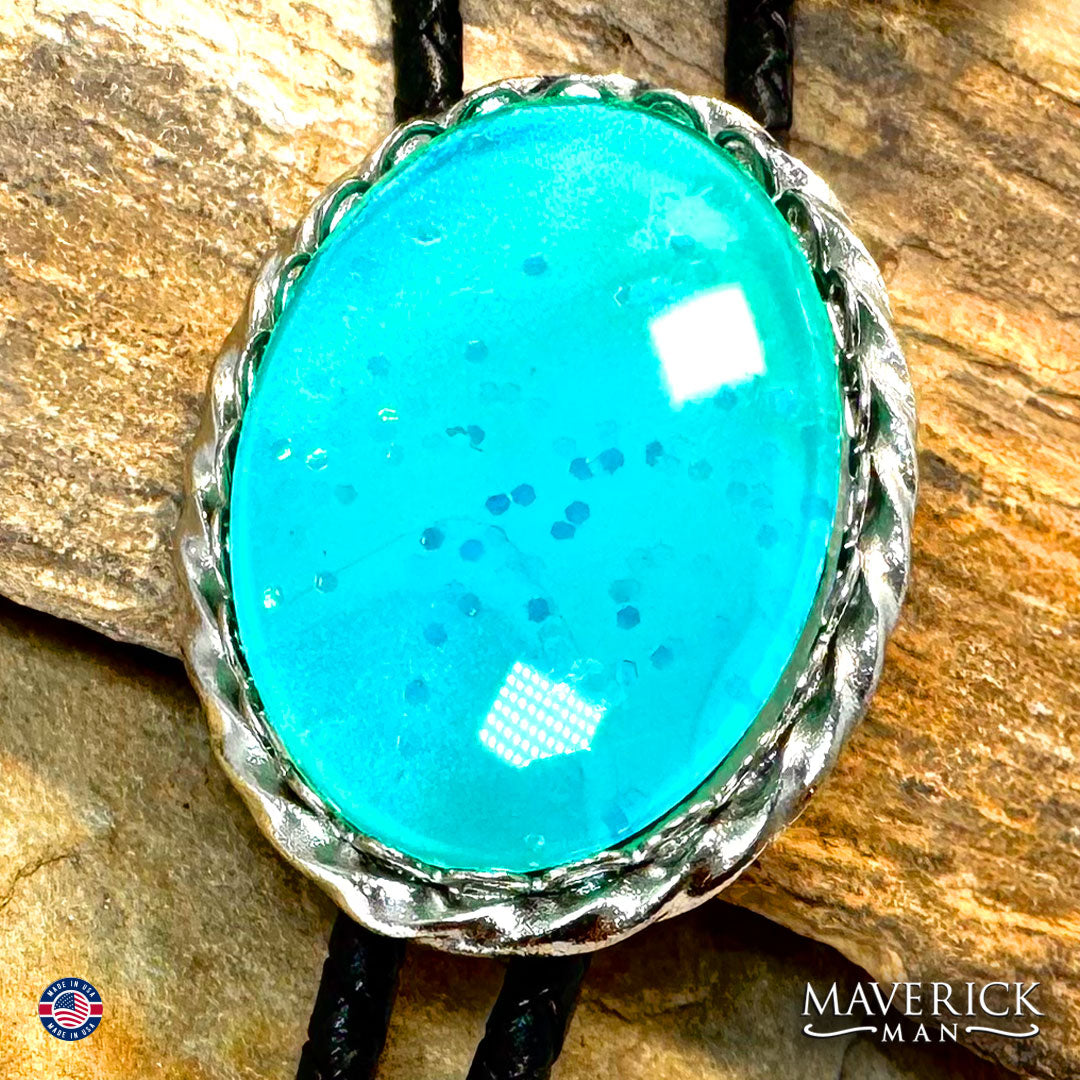 Silver twist bolo tie with metallic turquoise stone with sparkle