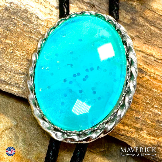 Silver twist bolo tie with metallic turquoise stone with sparkle