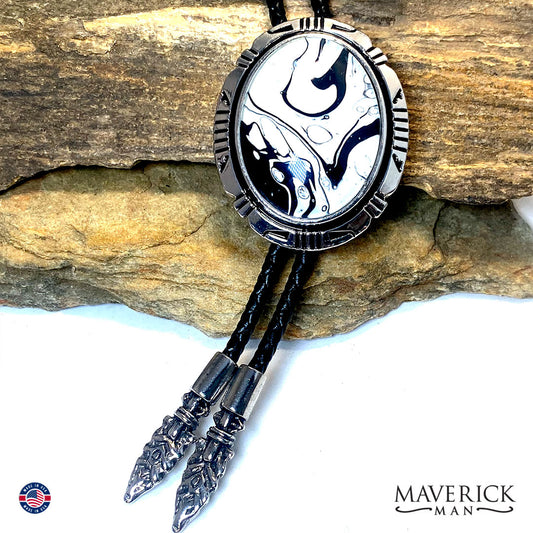 Silver bolo tie with hand painted black and white stone