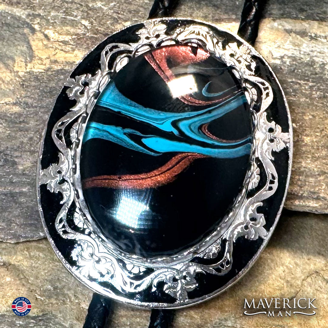 Bolo tie and buckle set with hand painted stones