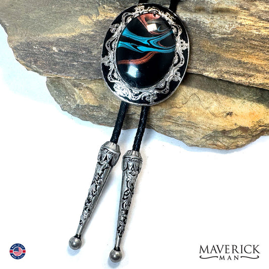 Bolo tie and buckle set with hand painted stones