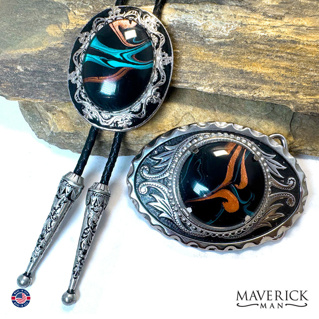 Bolo tie and buckle set with hand painted stones
