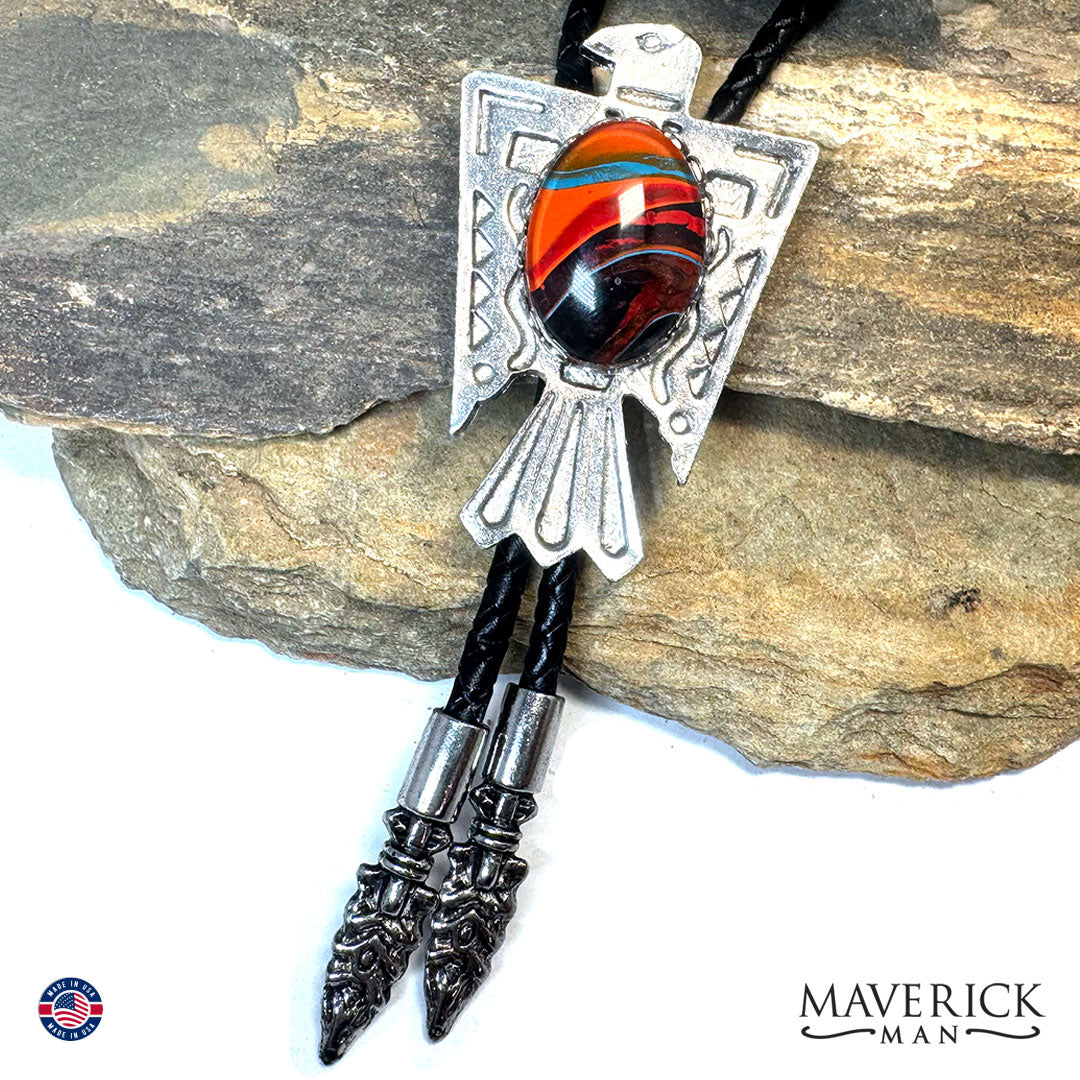 Southwestern bolo tie and buckle set with hand painted stones