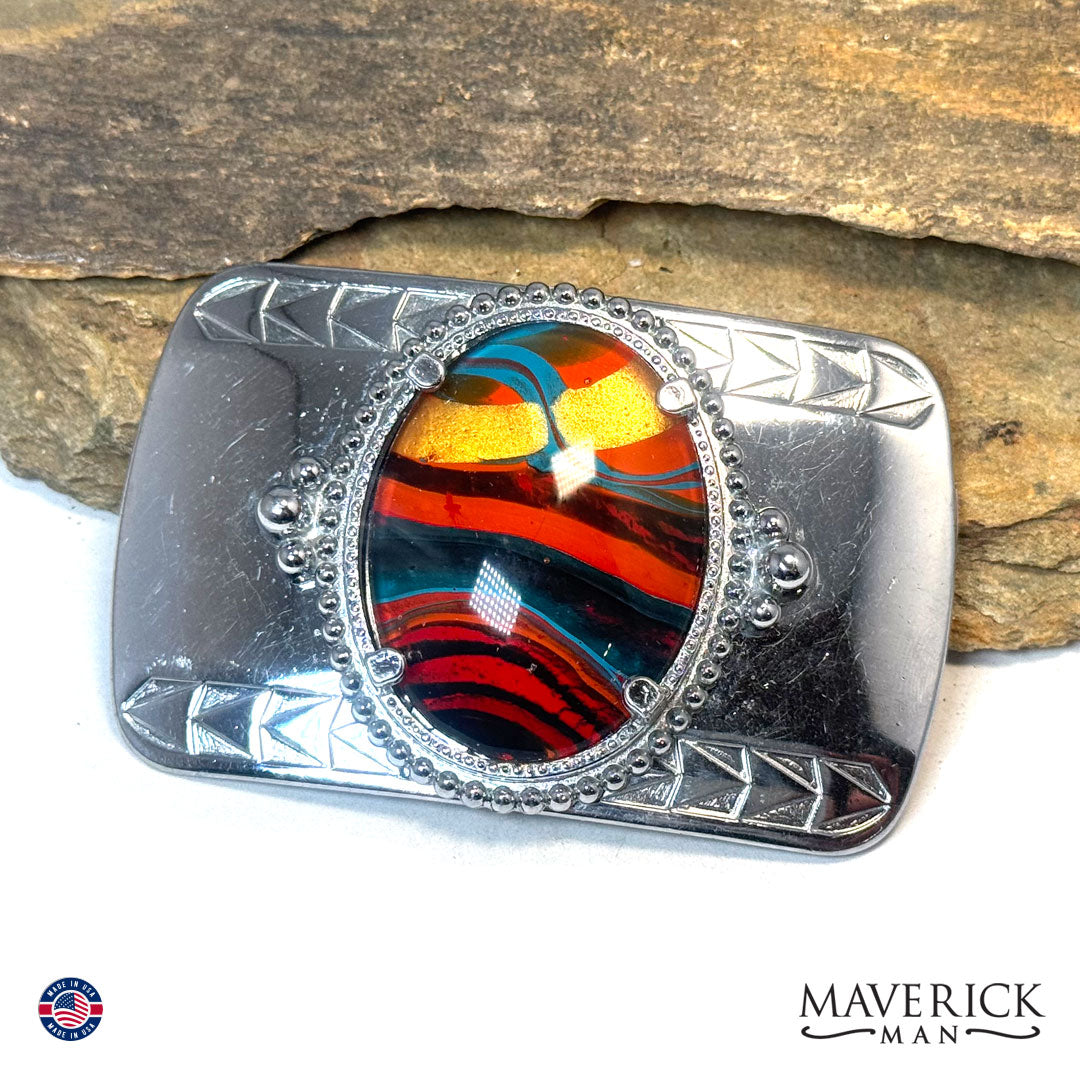 Southwestern bolo tie and buckle set with hand painted stones