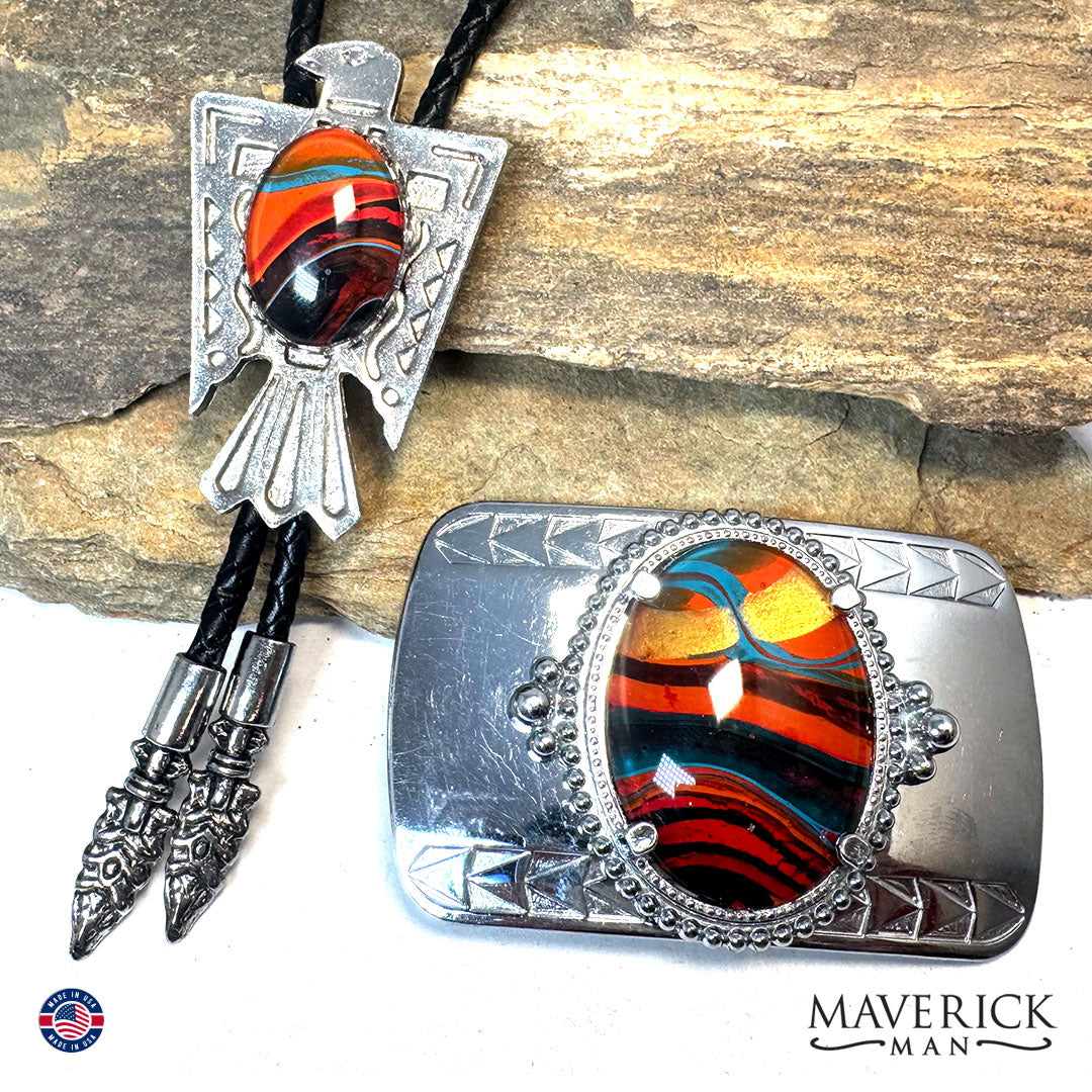 Southwestern bolo tie and buckle set with hand painted stones
