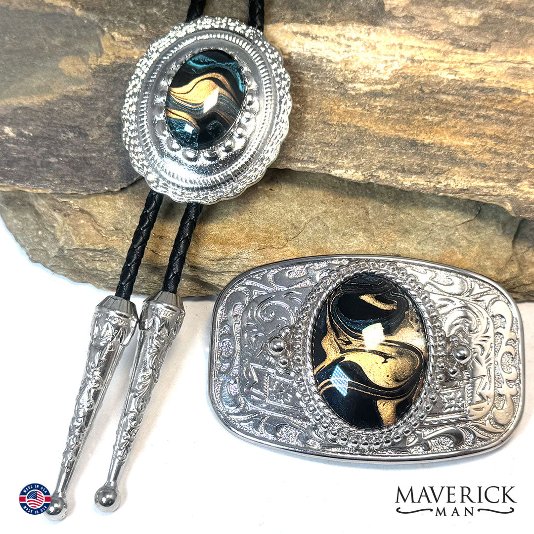 Concho bolo and buckle set with hand painted stones