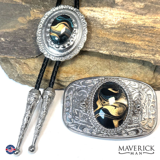 Concho bolo and buckle set with hand painted stones