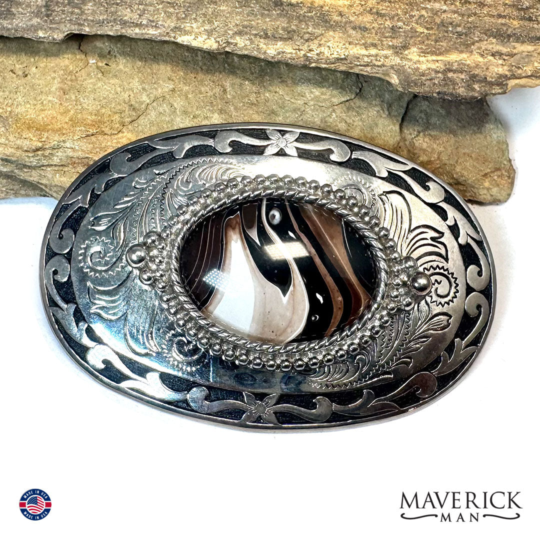 Bolo and buckle set with hand painted stones in browns