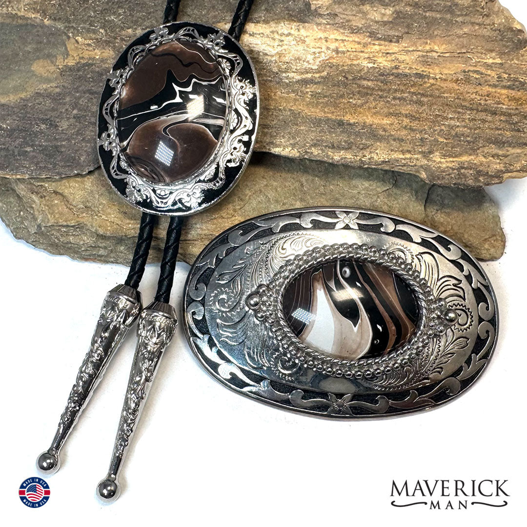 Bolo and buckle set with hand painted stones in browns