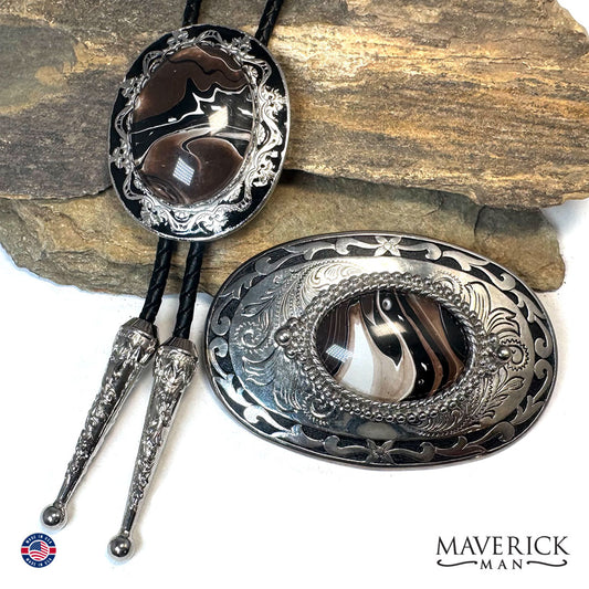 Bolo and buckle set with hand painted stones in browns