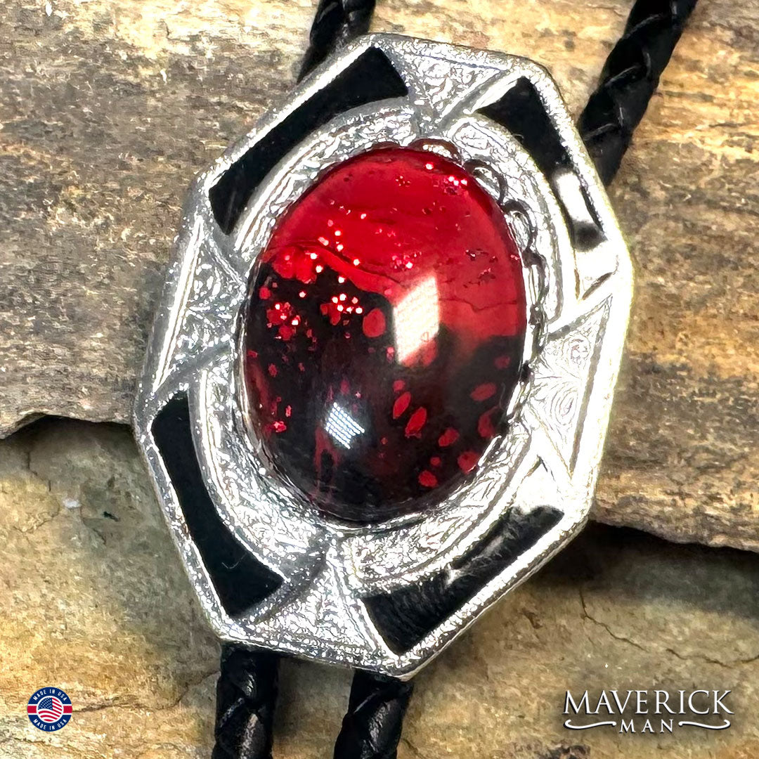 Red and black bolo and buckle set with hand painted stones