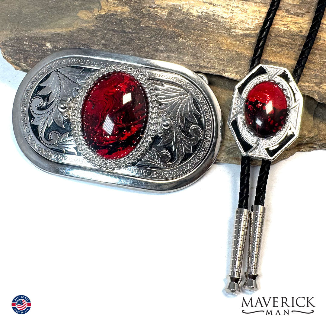 Red and black bolo and buckle set with hand painted stones