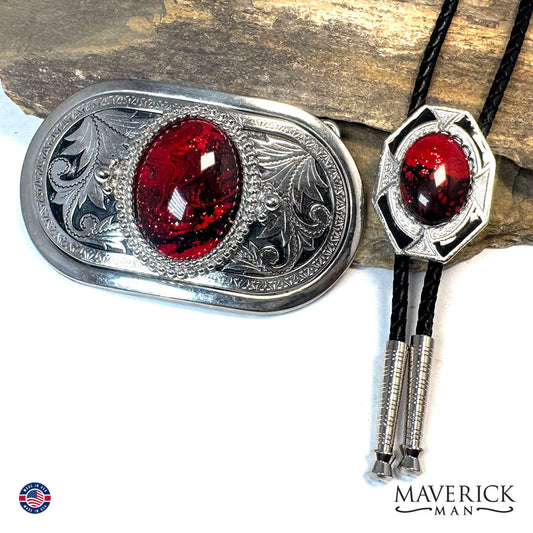 Red and black bolo and buckle set with hand painted stones