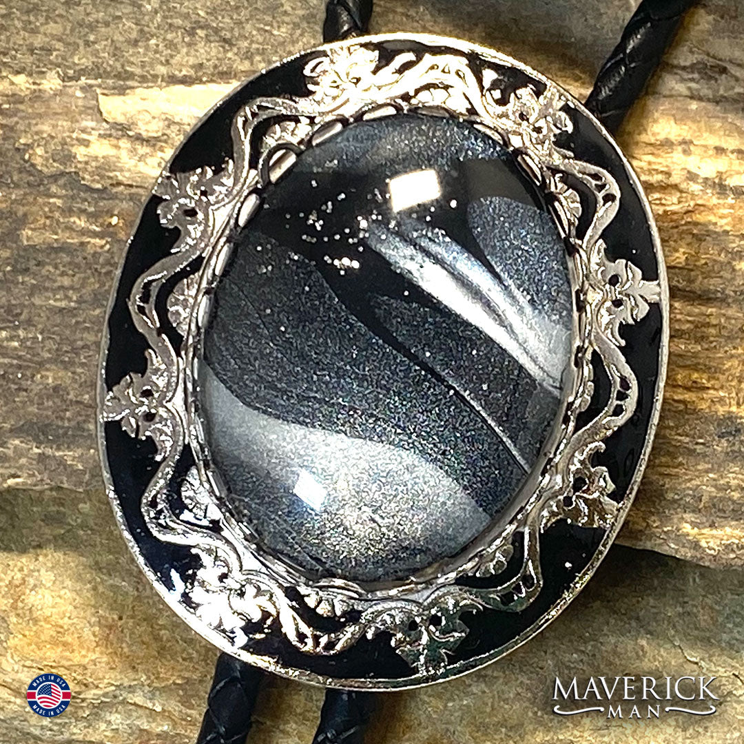 Bolo and buckle set with Black and Platinum stones with sparkle