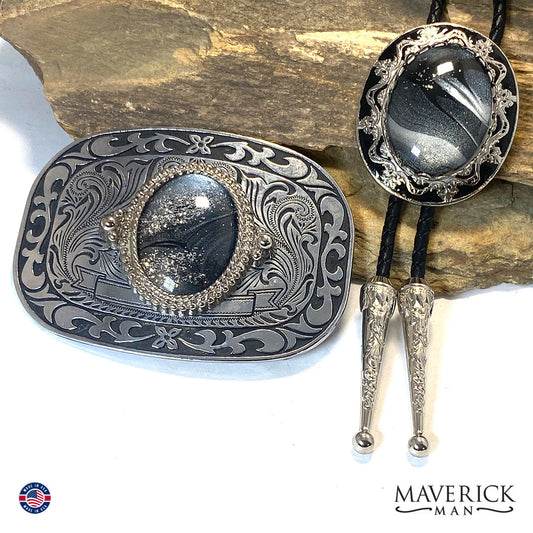 Bolo and buckle set with Black and Platinum stones with sparkle