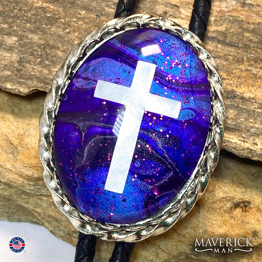 Purple Christian bolo tie and buckle set with hand painted stones