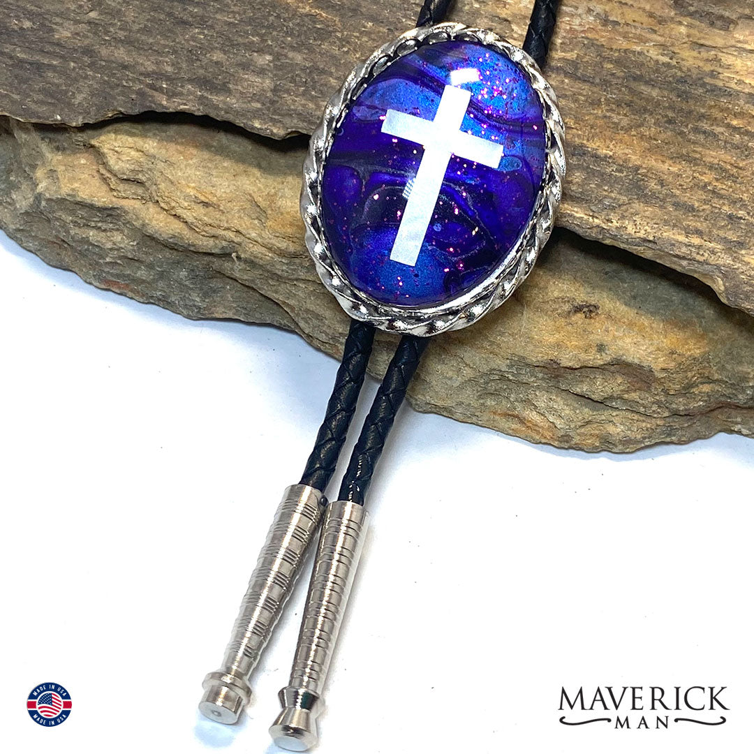 Purple Christian bolo tie and buckle set with hand painted stones