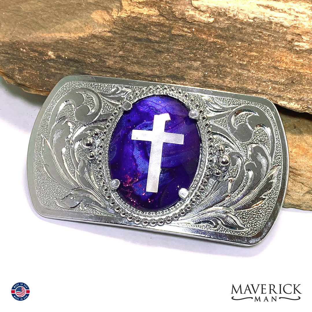Purple Christian bolo tie and buckle set with hand painted stones