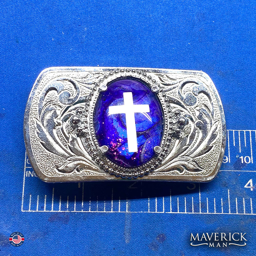 Purple Christian bolo tie and buckle set with hand painted stones