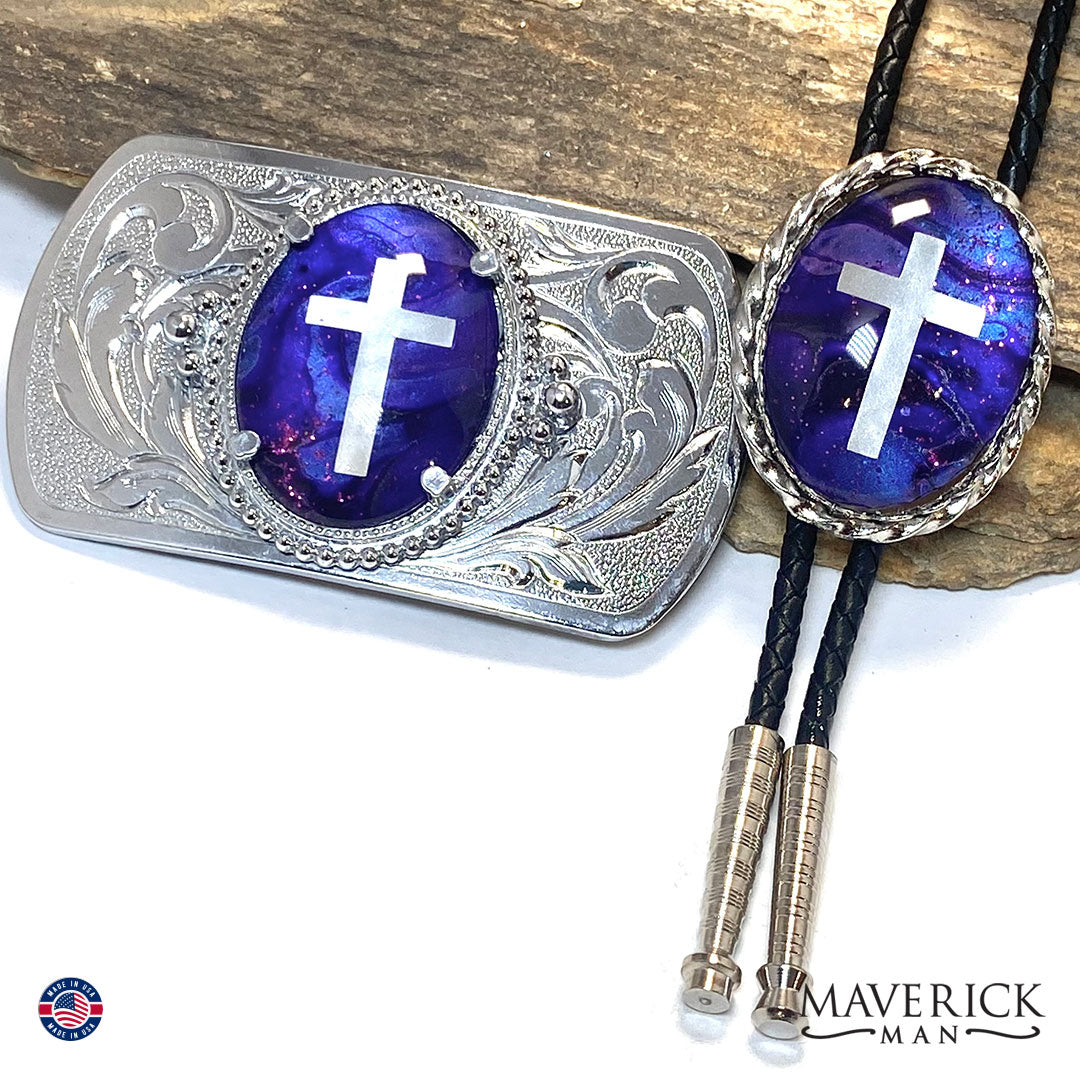 Purple Christian bolo tie and buckle set with hand painted stones