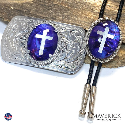 Purple Christian bolo tie and buckle set with hand painted stones