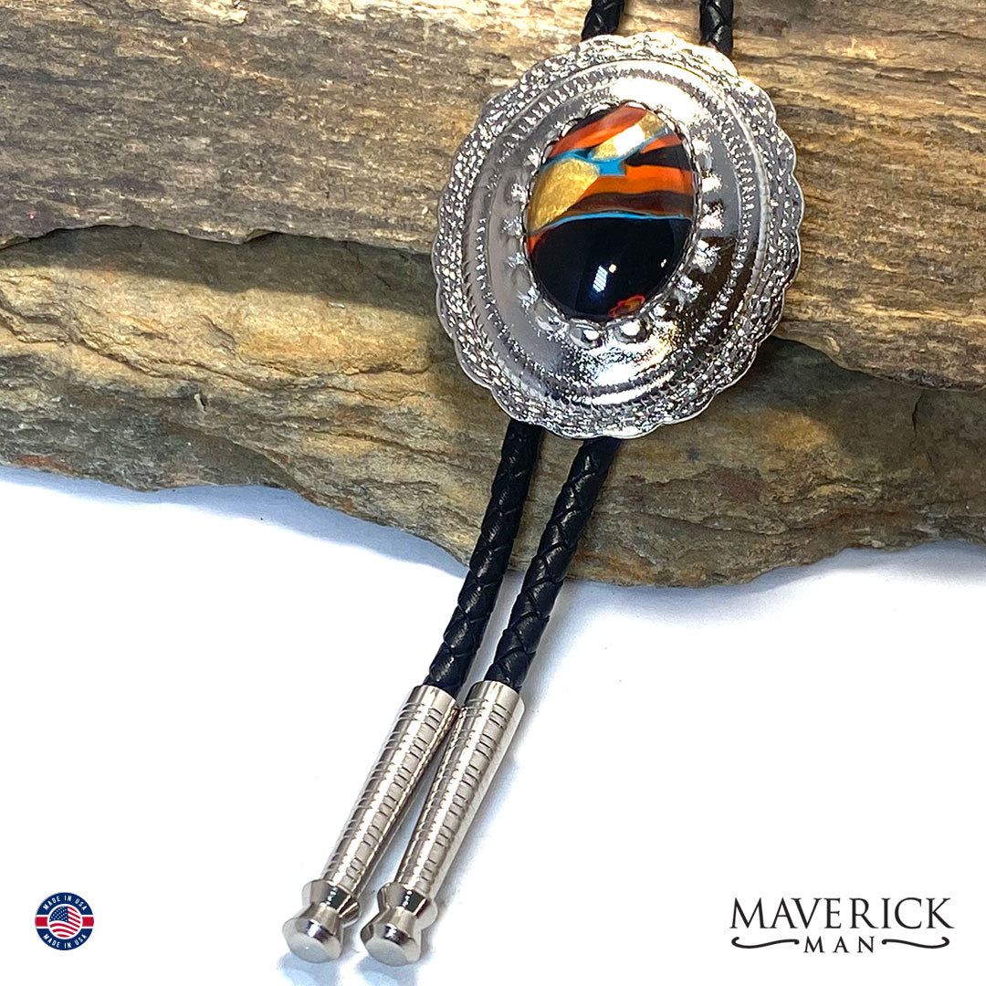 Southwestern bolo tie and buckle set with hand painted stones