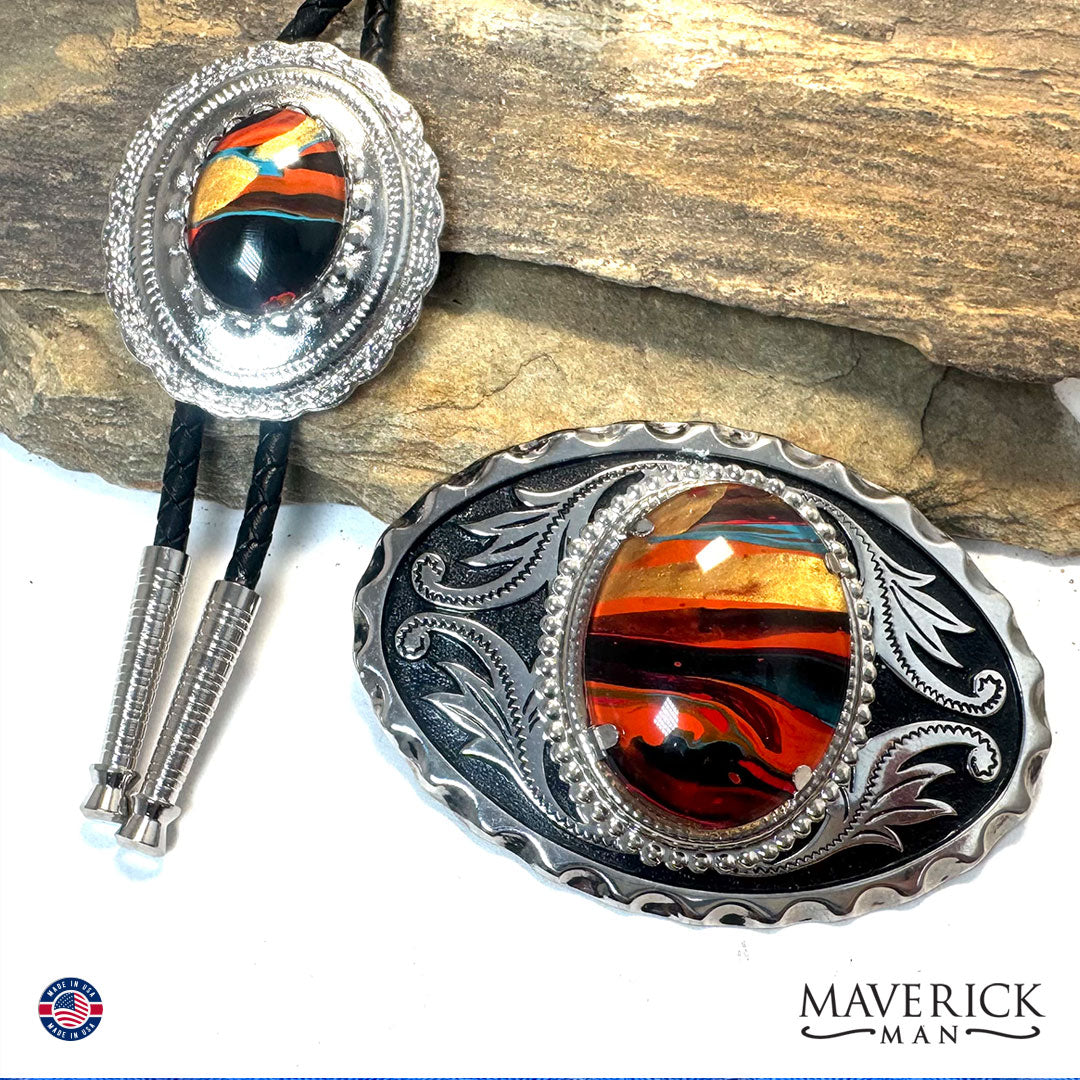 Southwestern bolo tie and buckle set with hand painted stones